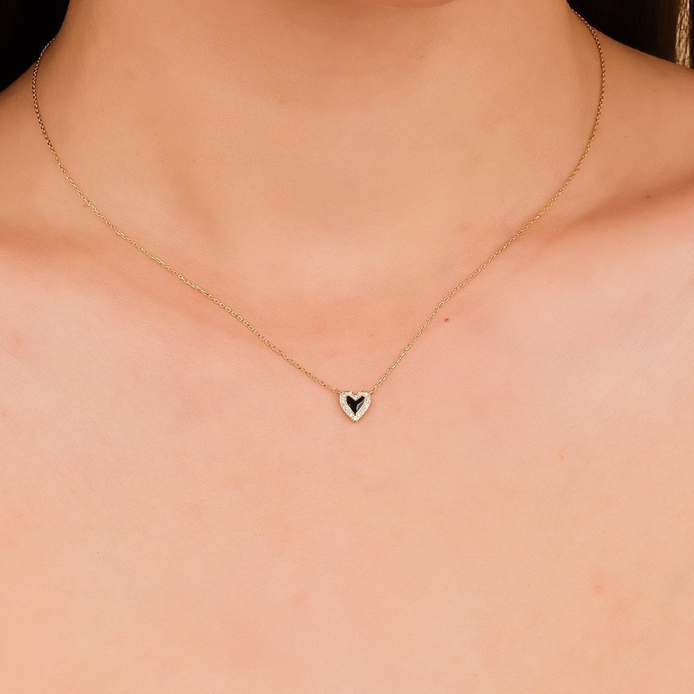 Black Enamel & Natural Diamonds Heart Necklace