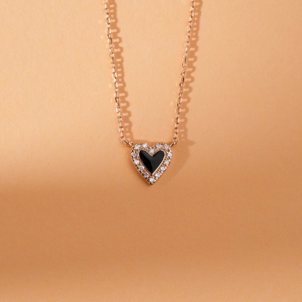 Black Enamel & Natural Diamonds Heart Necklace