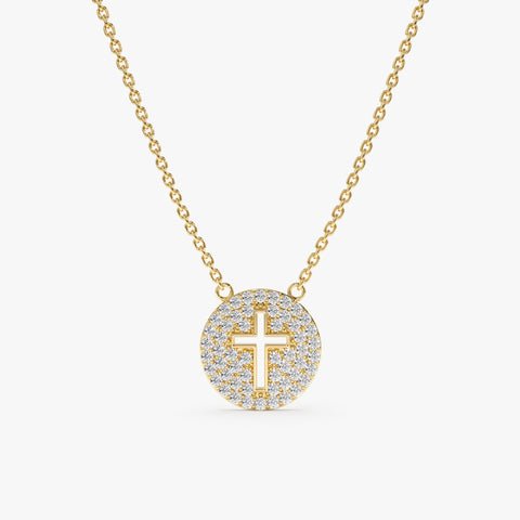 Cross Cutout Natural Diamond Disc Necklace