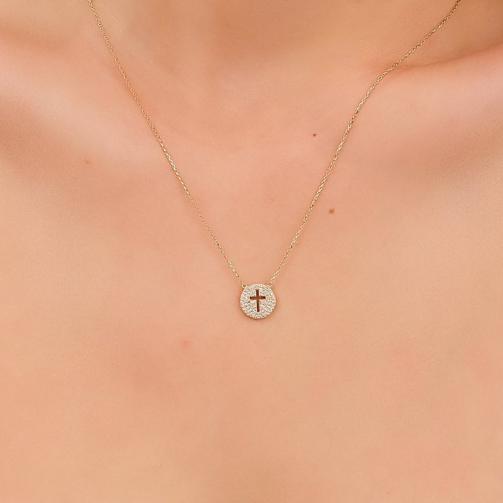 Cross Cutout Natural Diamond Disc Necklace