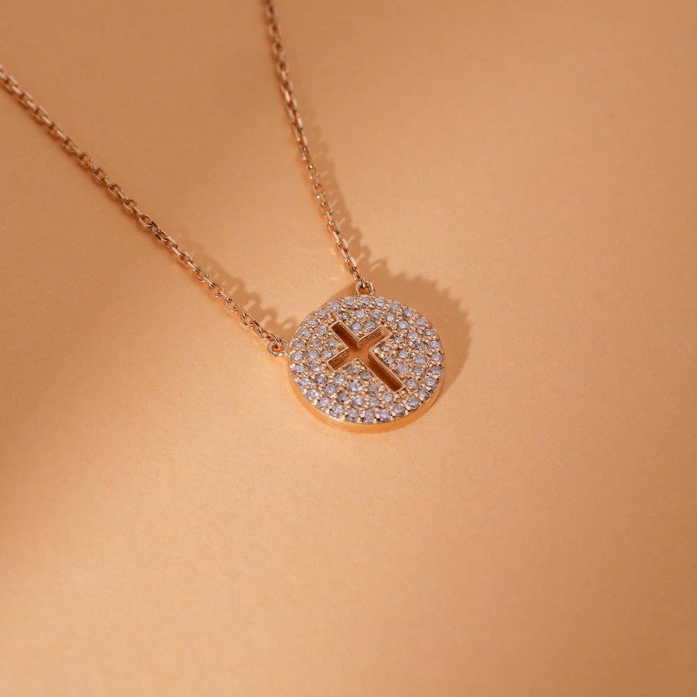 Cross Cutout Natural Diamond Disc Necklace