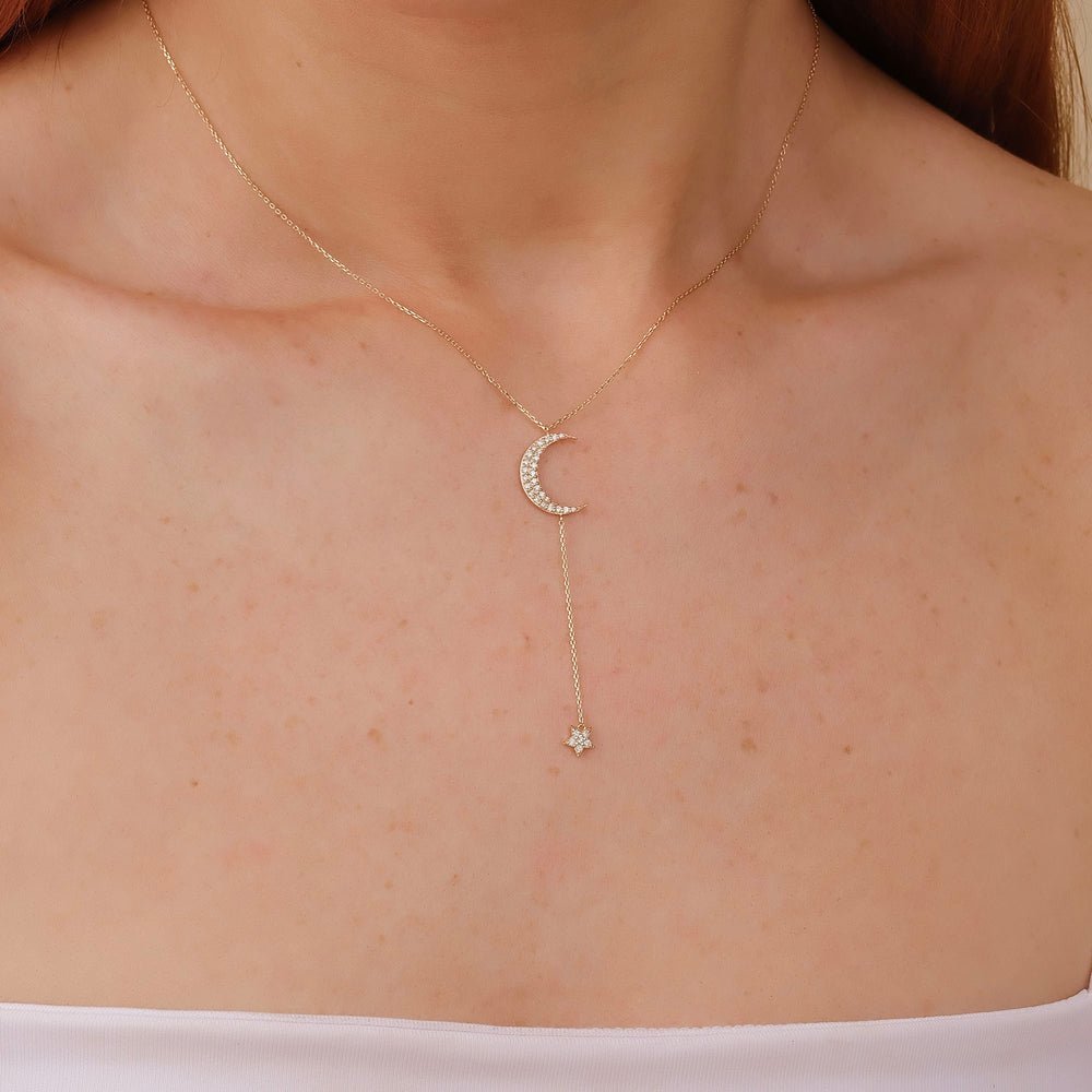 Diamond Moon and Star Lariat Necklace
