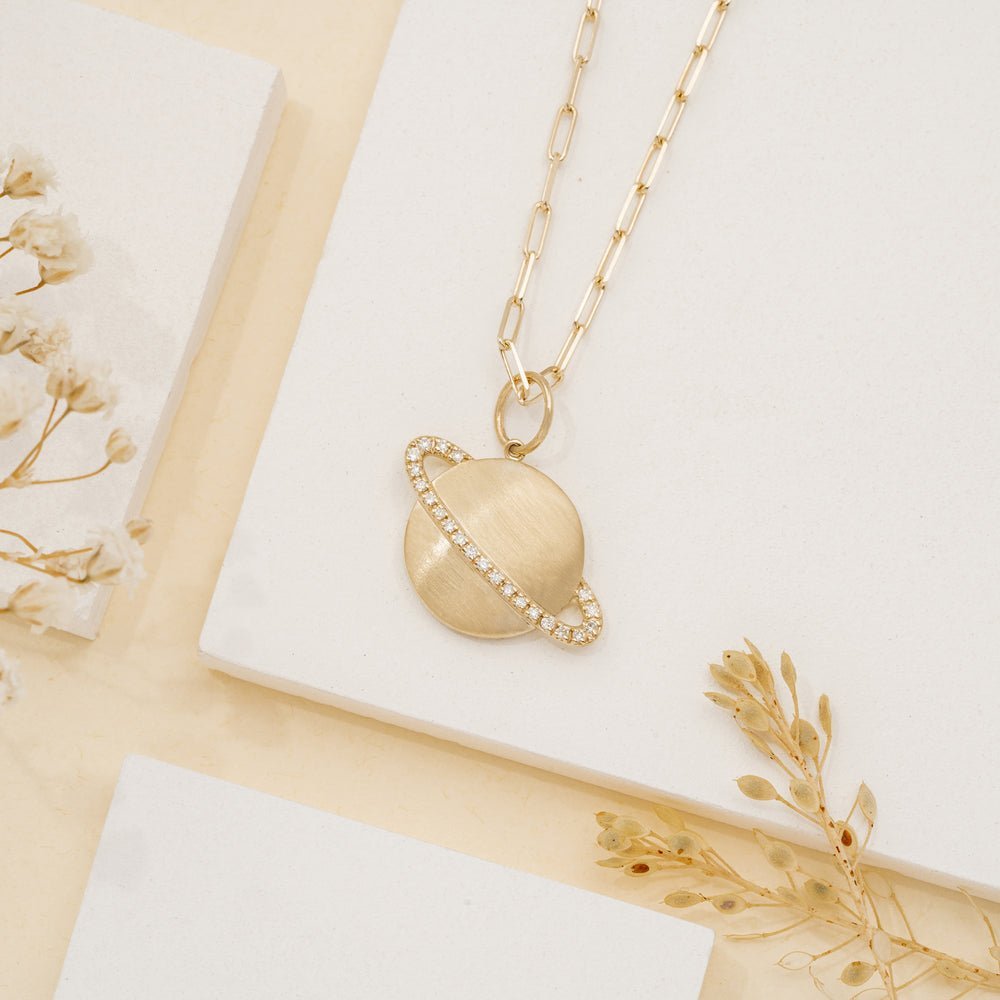 Diamond Saturn Charm Paperclip Necklace