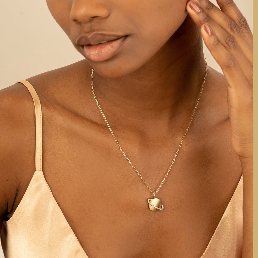 Diamond Saturn Charm Paperclip Necklace