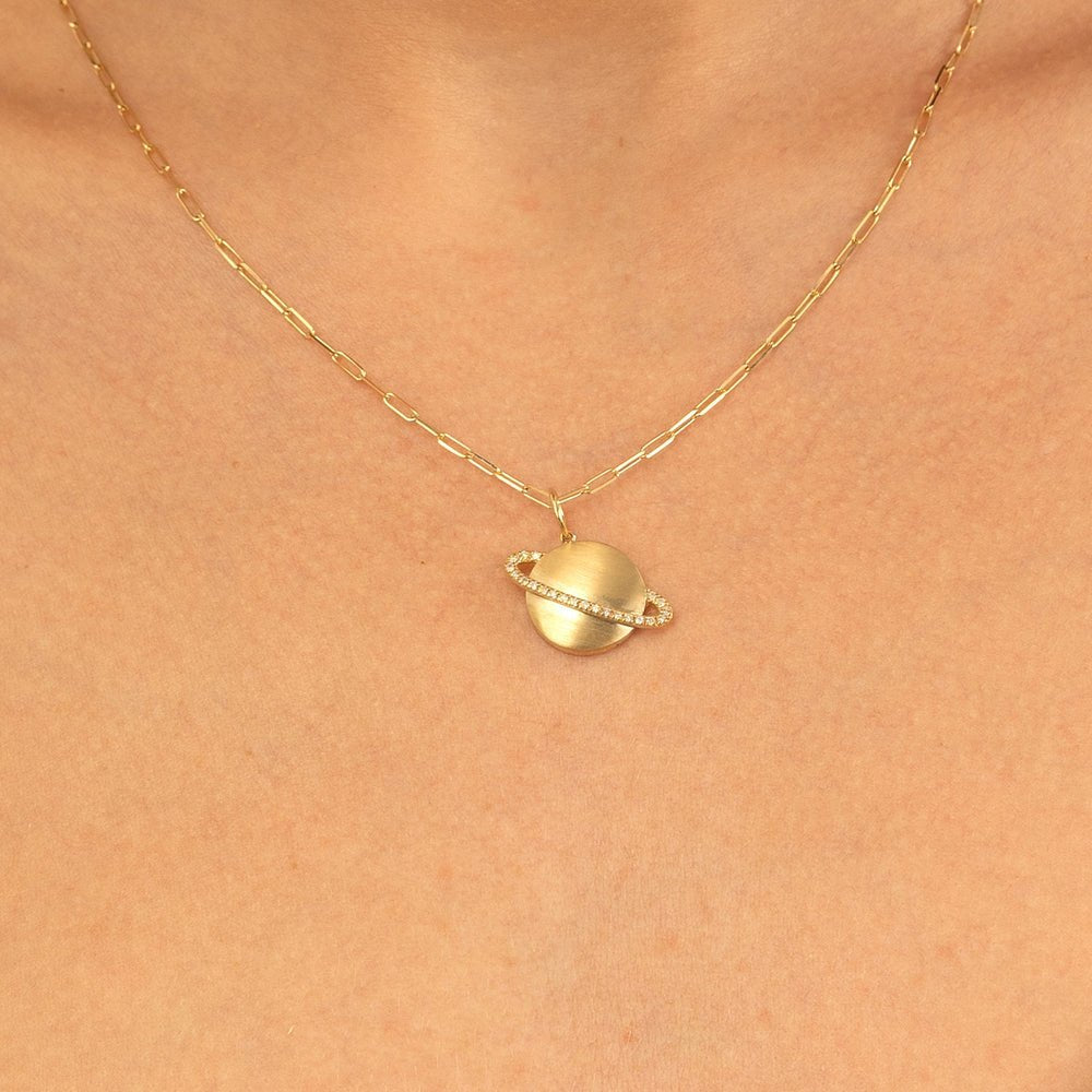 Diamond Saturn Charm Paperclip Necklace
