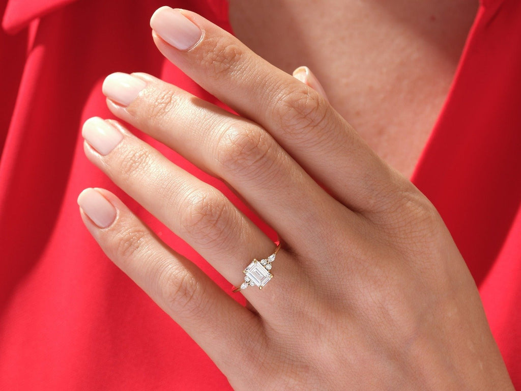 Elongated Emerald Cut 4ct Lab Grown Diamond Engagement Ring