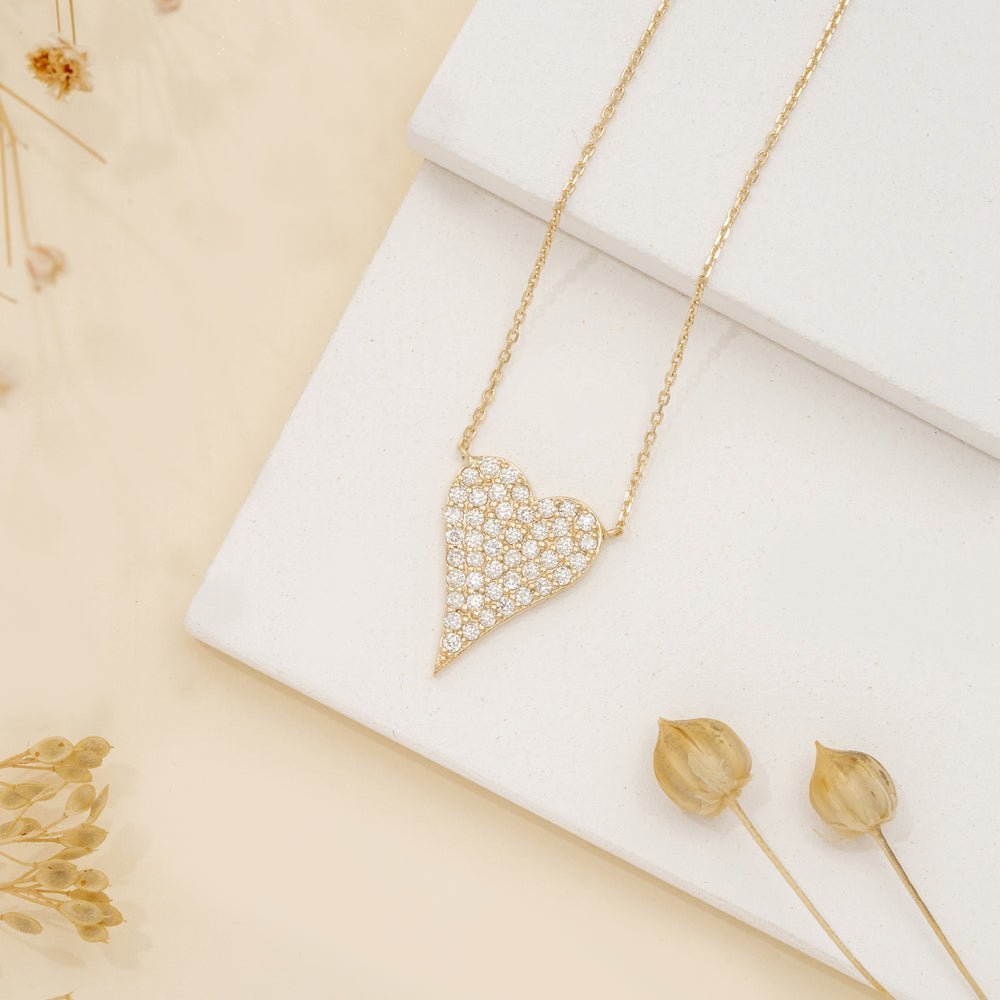Large Elongated Paved Natural Diamond Heart Necklace