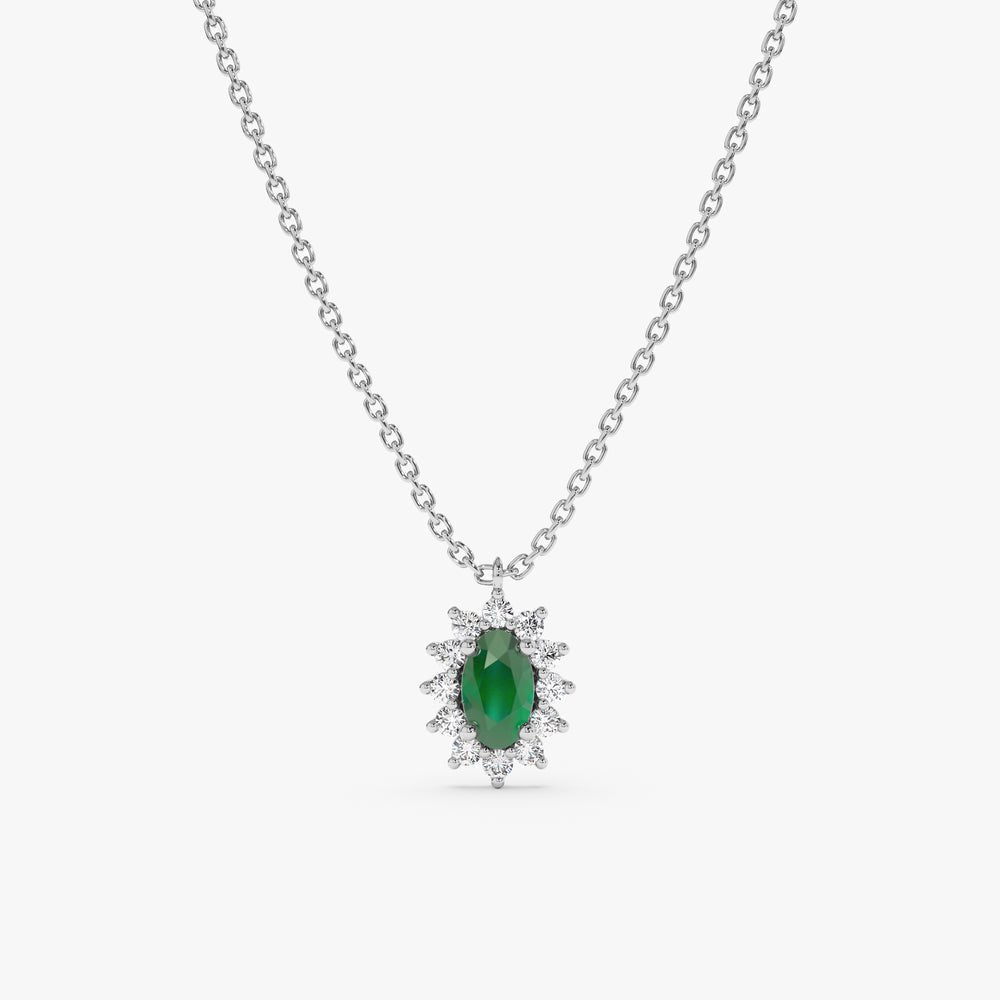 Natural Diamond Halo Emerald Necklace