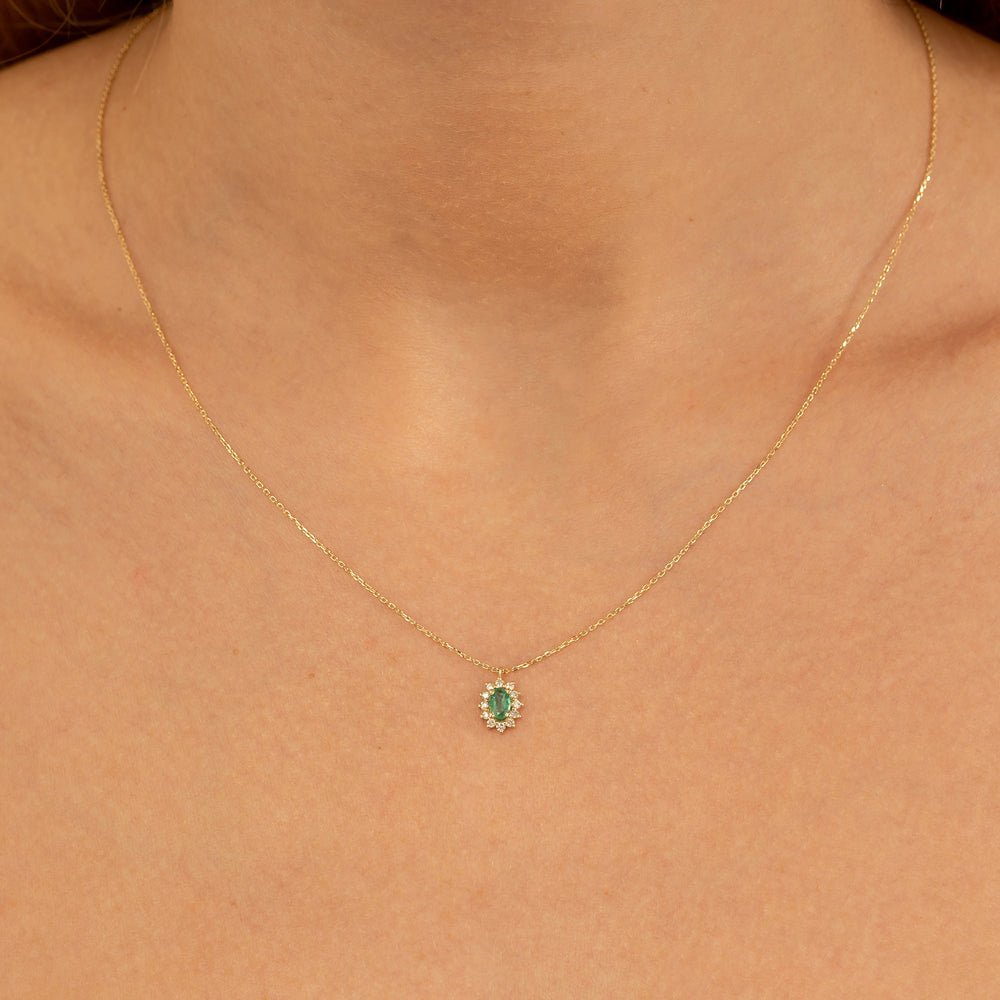 Natural Diamond Halo Emerald Necklace