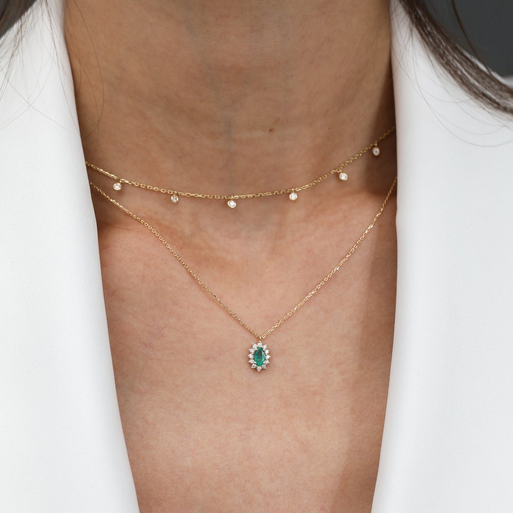 Natural Diamond Halo Emerald Necklace
