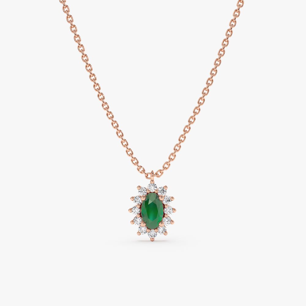 Natural Diamond Halo Emerald Necklace