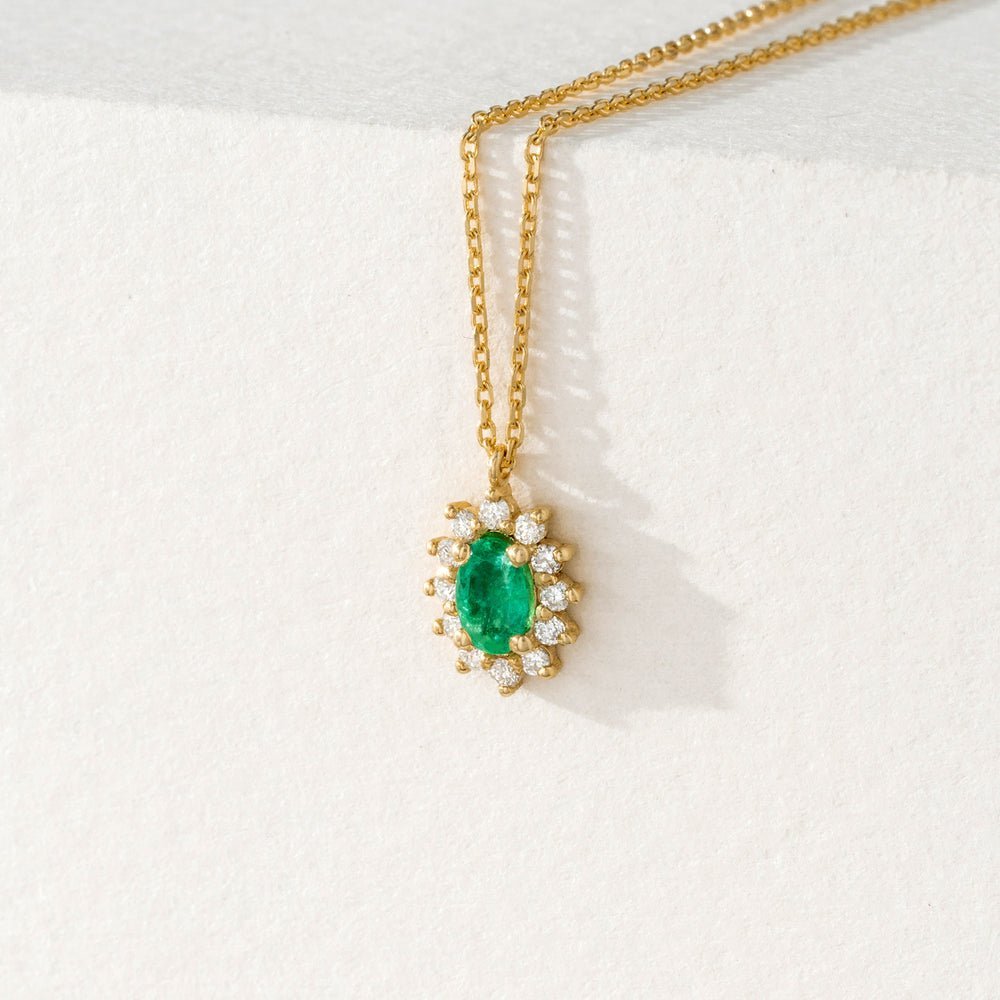 Natural Diamond Halo Emerald Necklace