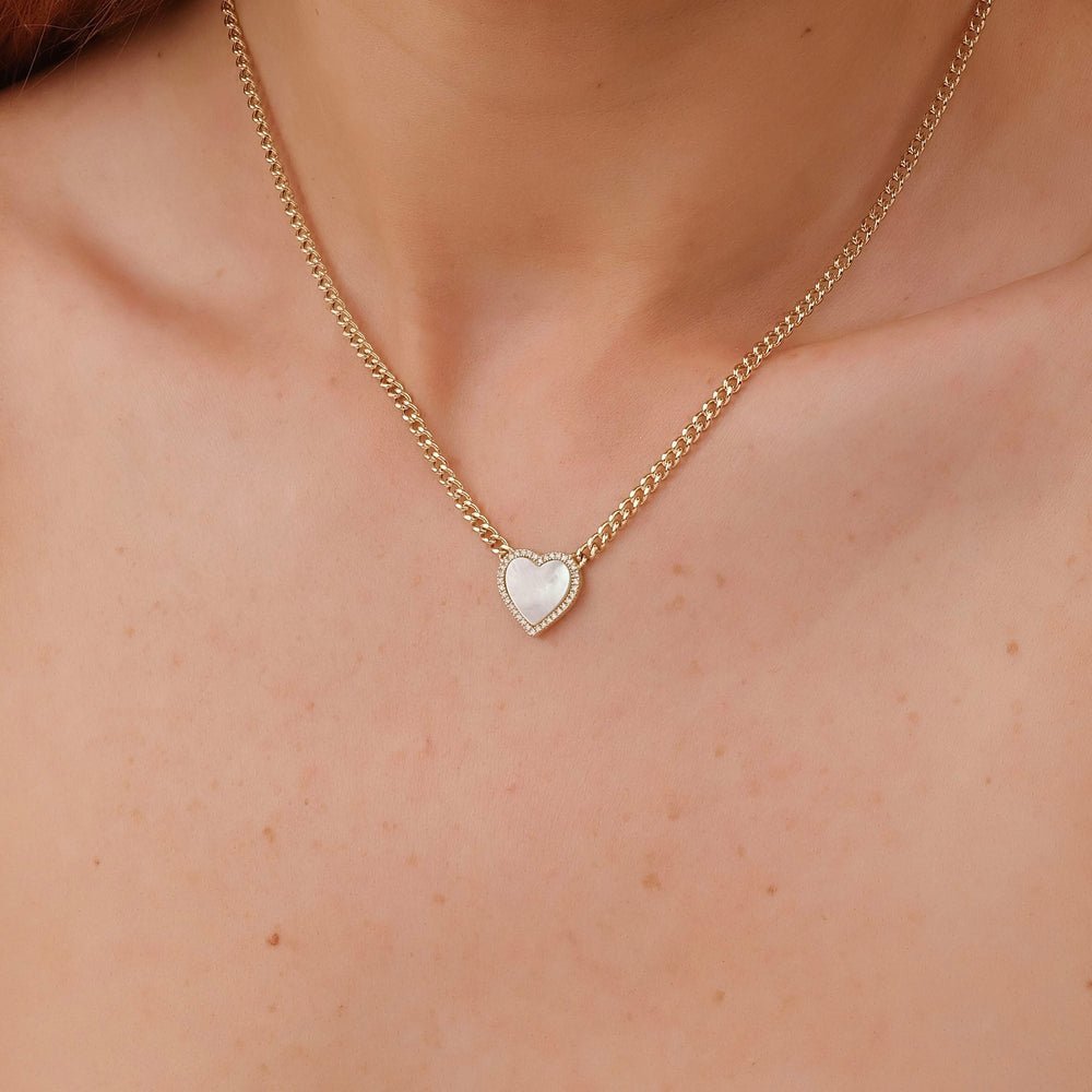 Pearl Heart & Diamond Cuban Chain Necklace