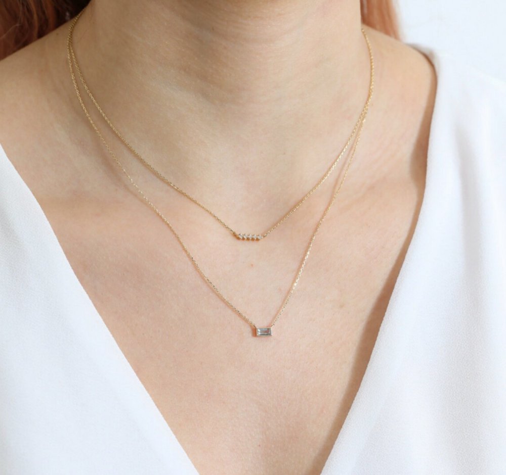 Prong Set Mini Natural Diamond Bar Pendant Necklace
