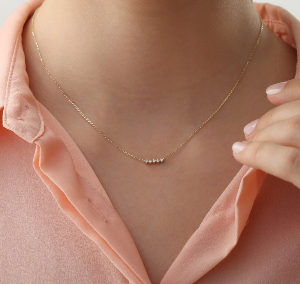 Prong Set Mini Natural Diamond Bar Pendant Necklace